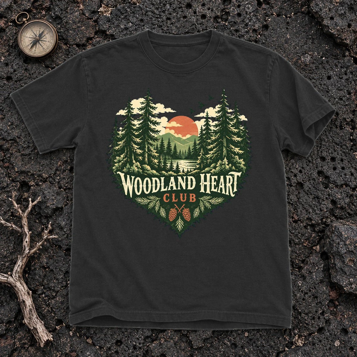 Woodland Heart Club Vintage Nature Graphic Tee on Black Premium Tee