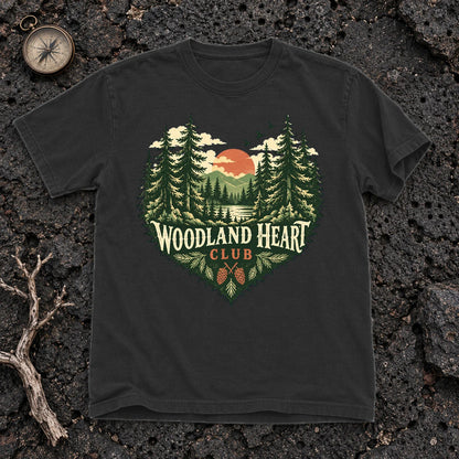 Woodland Heart Club Vintage Nature Graphic Tee on Black Premium Tee