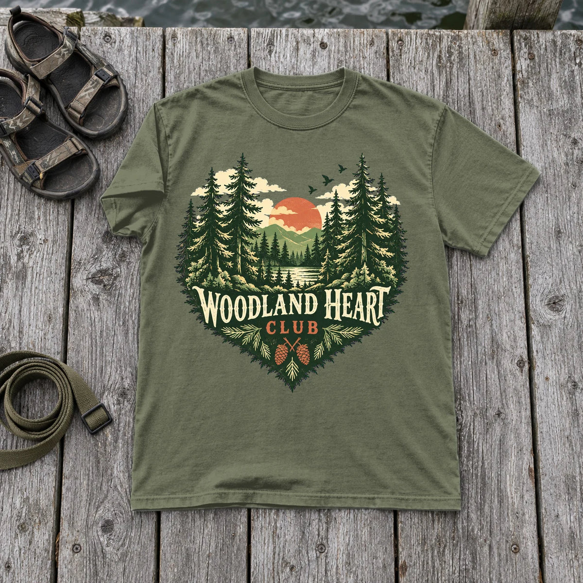 Woodland Heart Club Vintage Nature Graphic Tee on Moss Premium Tee