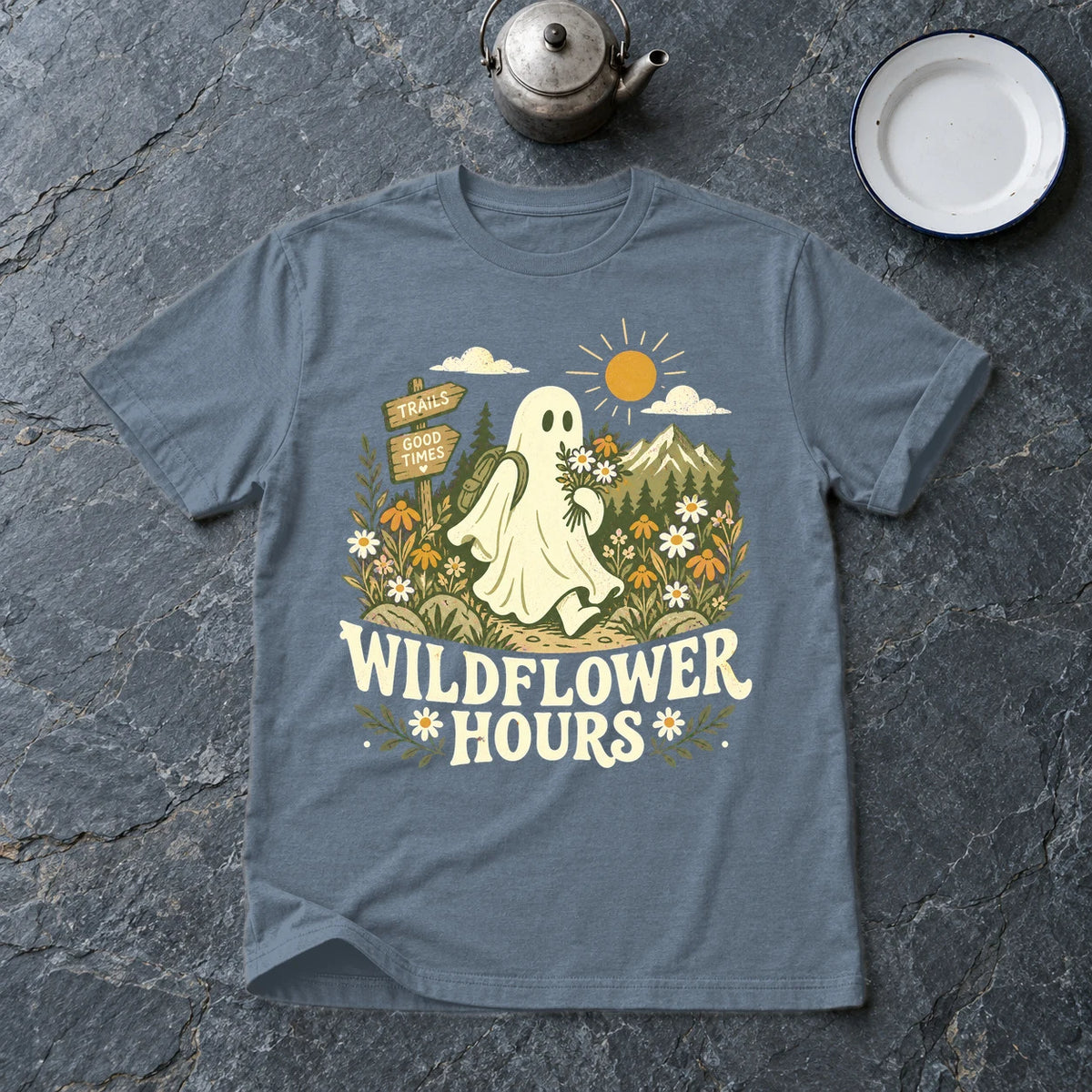 Wildflower Hours Ghost Hiker Graphic Tee on Heather Indigo Everyday Soft Tee
