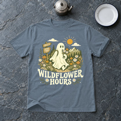 Wildflower Hours Ghost Hiker Graphic Tee on Heather Indigo Everyday Soft Tee