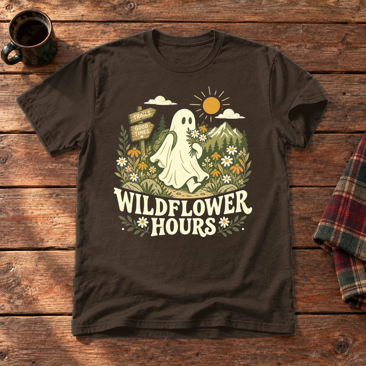 Wildflower Hours Ghost Hiker Graphic Tee on Dark Chocolate Everyday Soft Tee