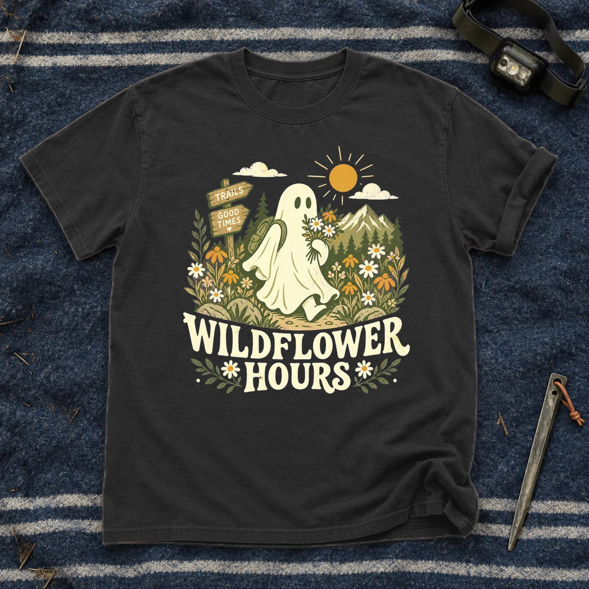Wildflower Hours Ghost Hiker Graphic Tee on Black Premium Tee