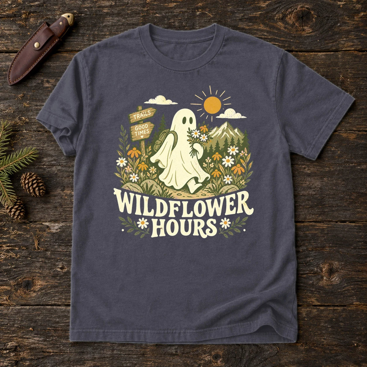 Wildflower Hours Ghost Hiker Graphic Tee on Navy Premium Tee