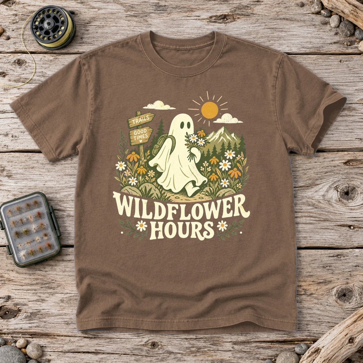 Wildflower Hours Ghost Hiker Graphic Tee on Espresso Premium Tee