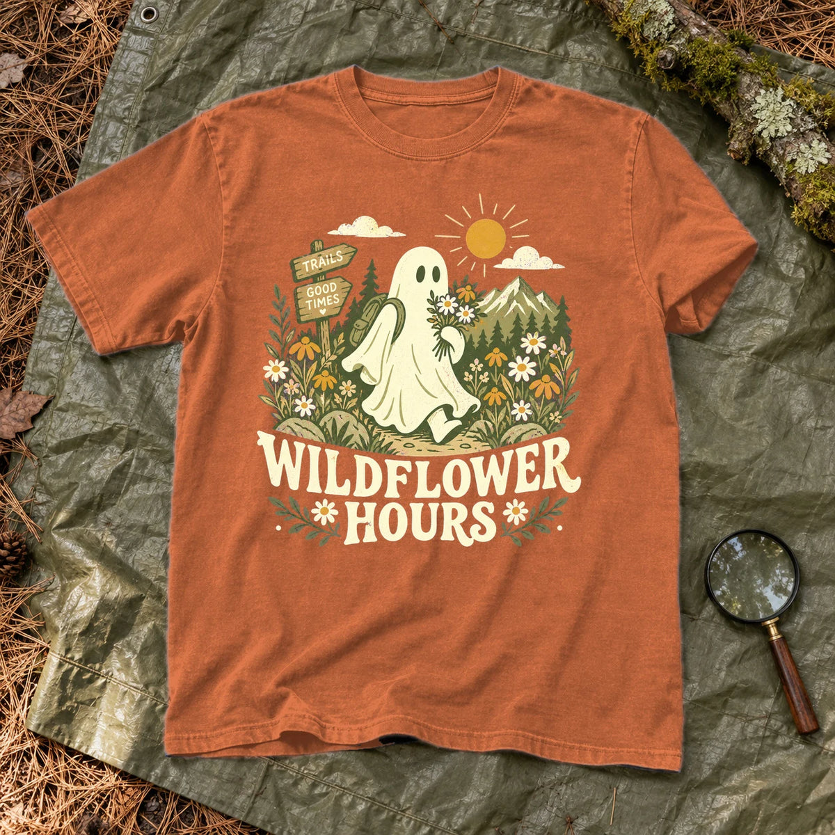 Wildflower Hours Ghost Hiker Graphic Tee on Yam Premium Tee