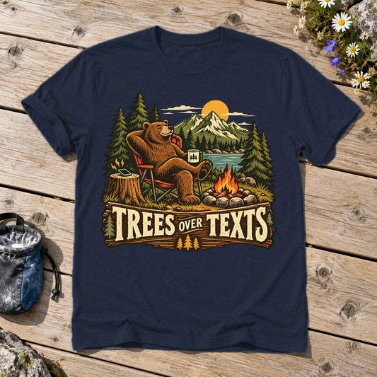 Trees Over Texts Camping Bear Graphic Tee on Navy Everyday Soft Tee