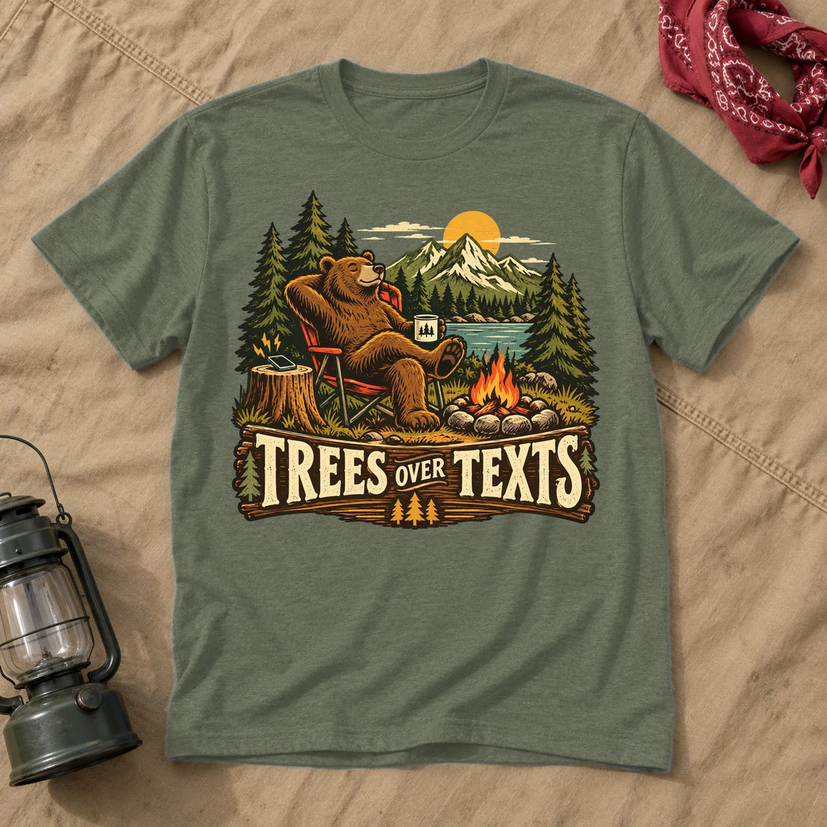 Trees Over Texts Camping Bear Graphic Tee on Military Green Everyday Soft Tee