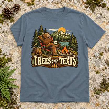 Trees Over Texts Camping Bear Graphic Tee on Heather Indigo Everyday Soft Tee