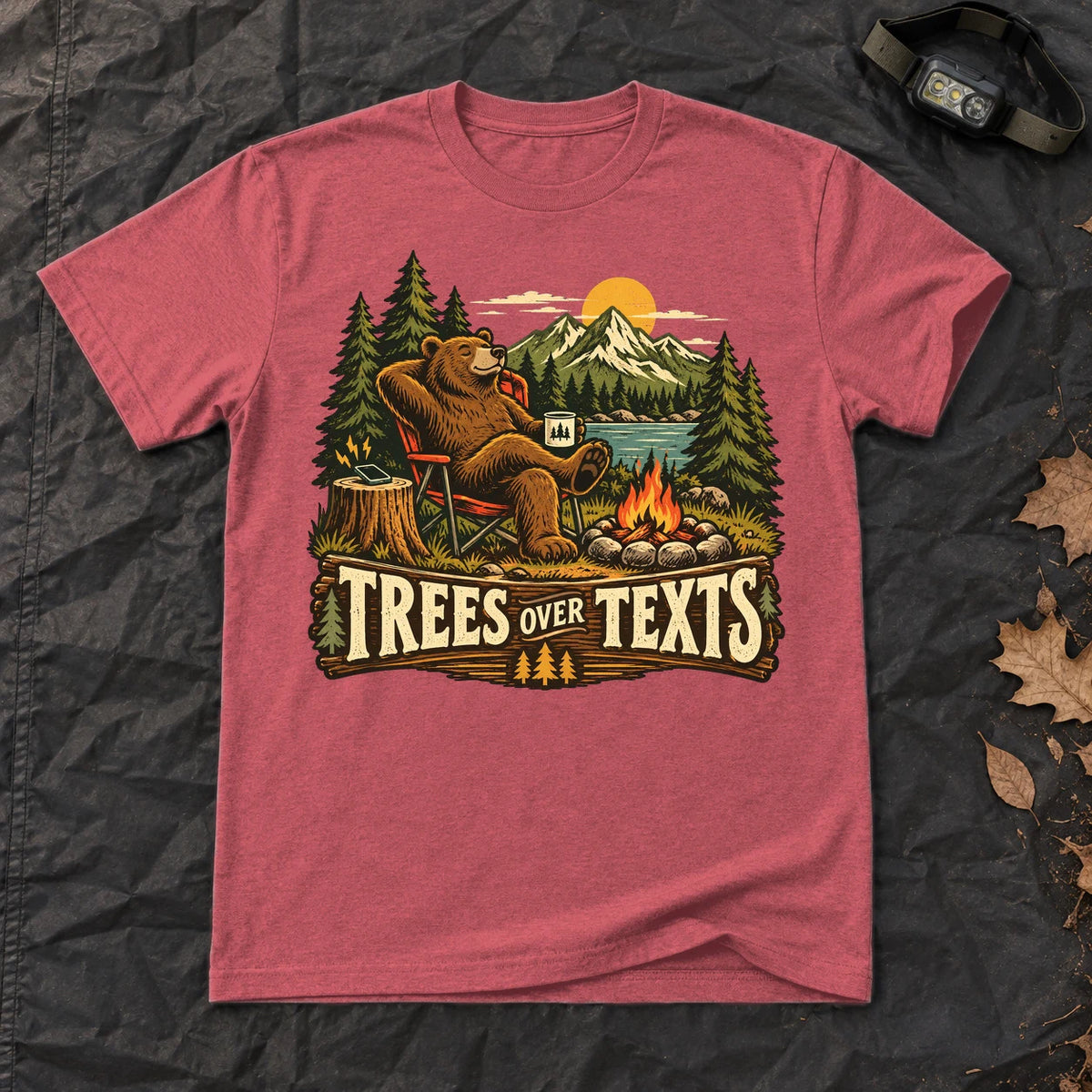 Trees Over Texts Camping Bear Graphic Tee on Heather Red Everyday Soft Tee