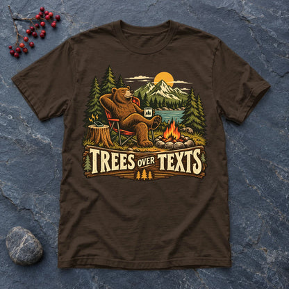 Trees Over Texts Camping Bear Graphic Tee on Dark Chocolate Everyday Soft Tee