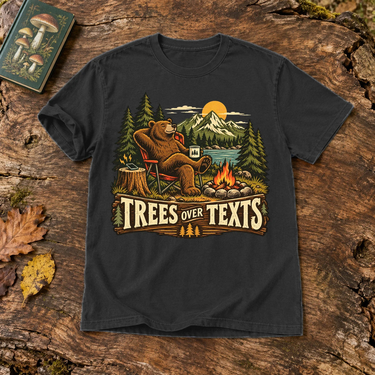 Trees Over Texts Camping Bear Graphic Tee on Black Premium Tee