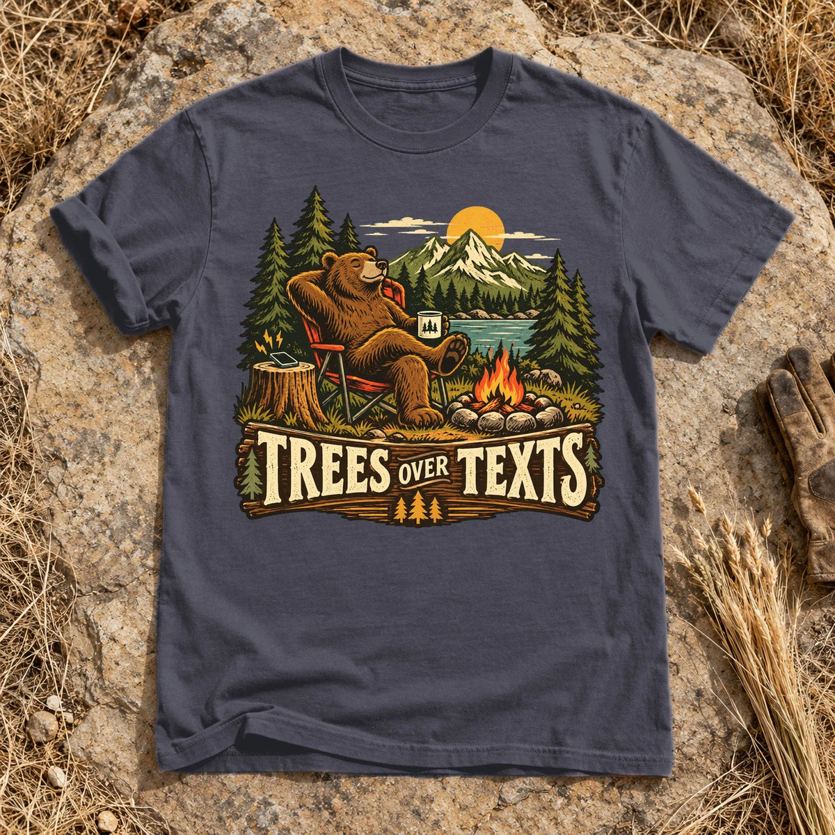 Trees Over Texts Camping Bear Graphic Tee on Navy Premium Tee