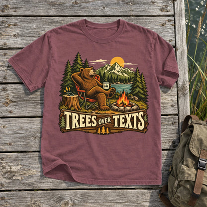 Trees Over Texts Camping Bear Graphic Tee on Brick Premium Tee
