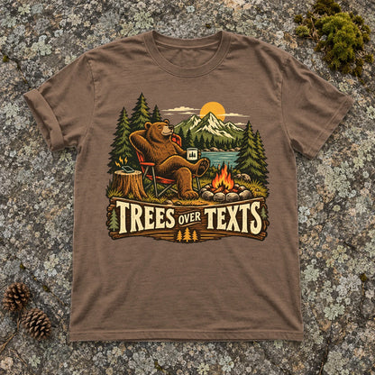 Trees Over Texts Camping Bear Graphic Tee on Espresso Premium Tee