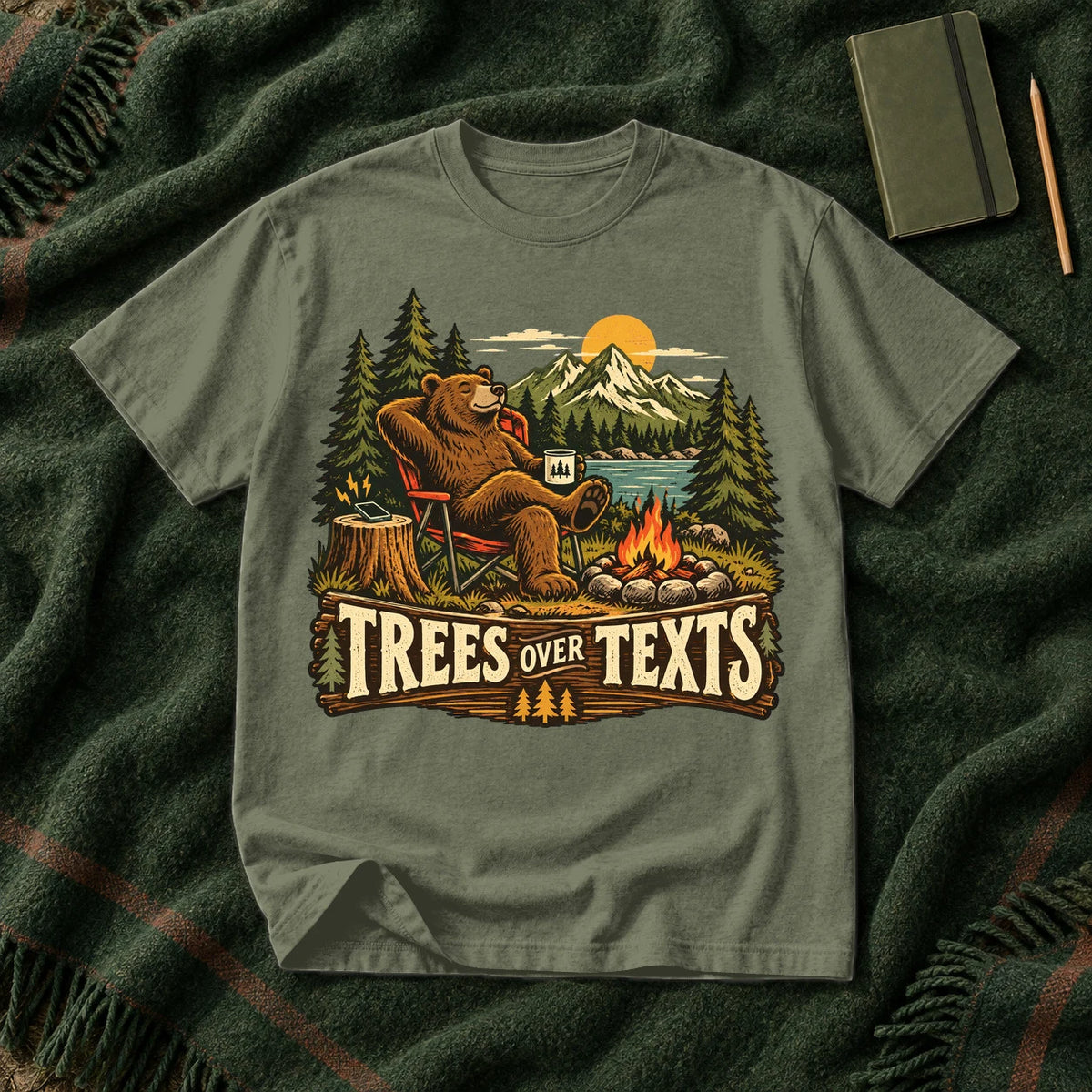 Trees Over Texts Camping Bear Graphic Tee on Moss Premium Tee