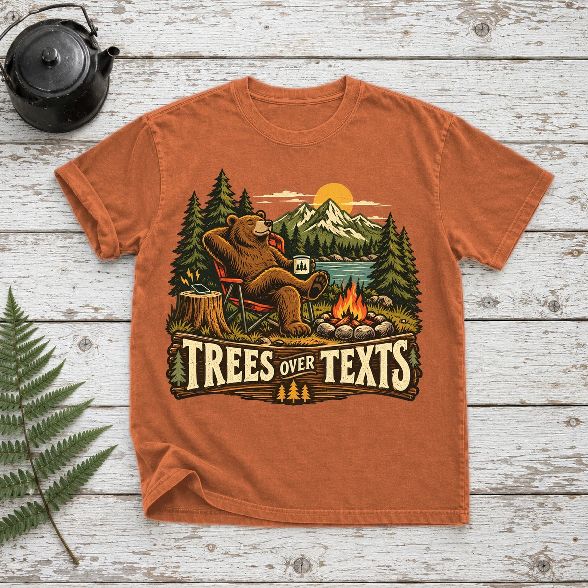 Trees Over Texts Camping Bear Graphic Tee on Yam Premium Tee