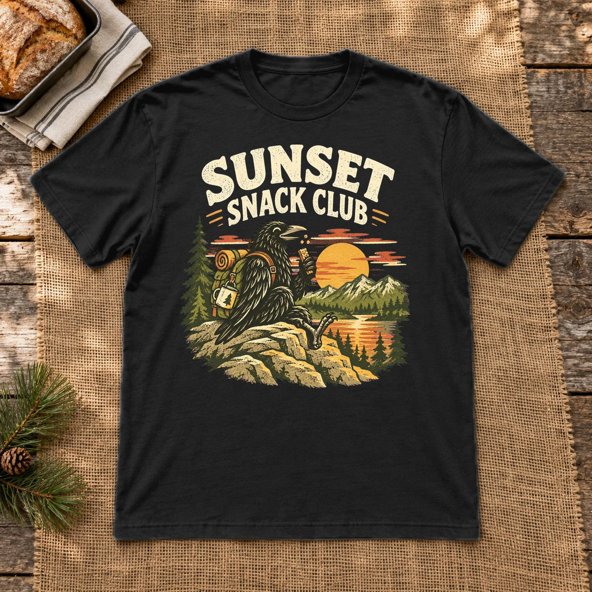 Sunset Snack Club Raven Graphic Tee on Black Everyday Soft Tee