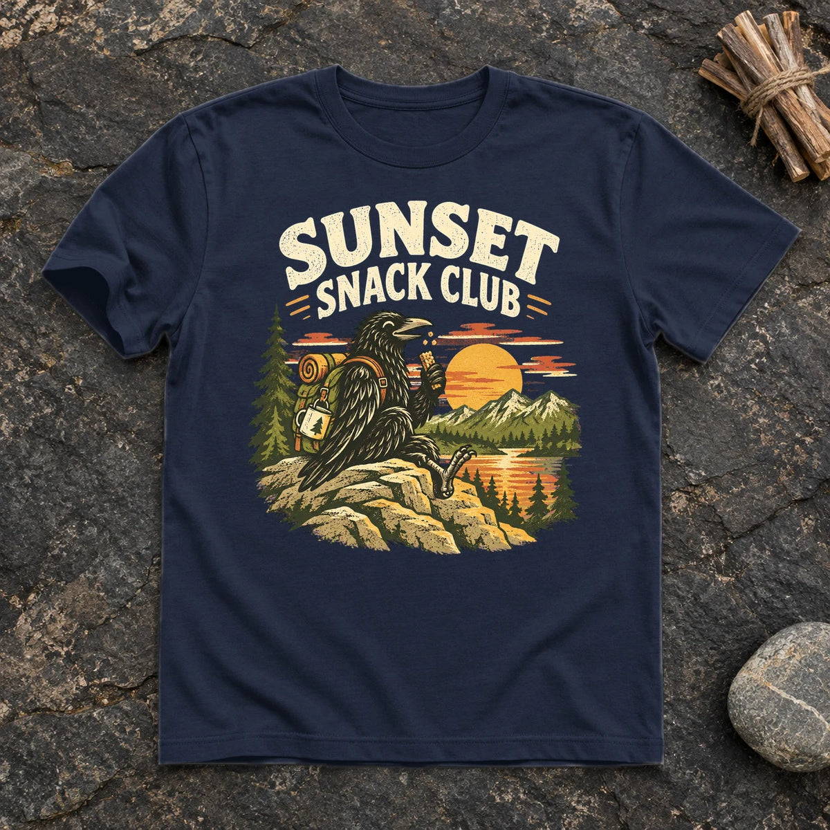 Sunset Snack Club Raven Graphic Tee on Navy Everyday Soft Tee