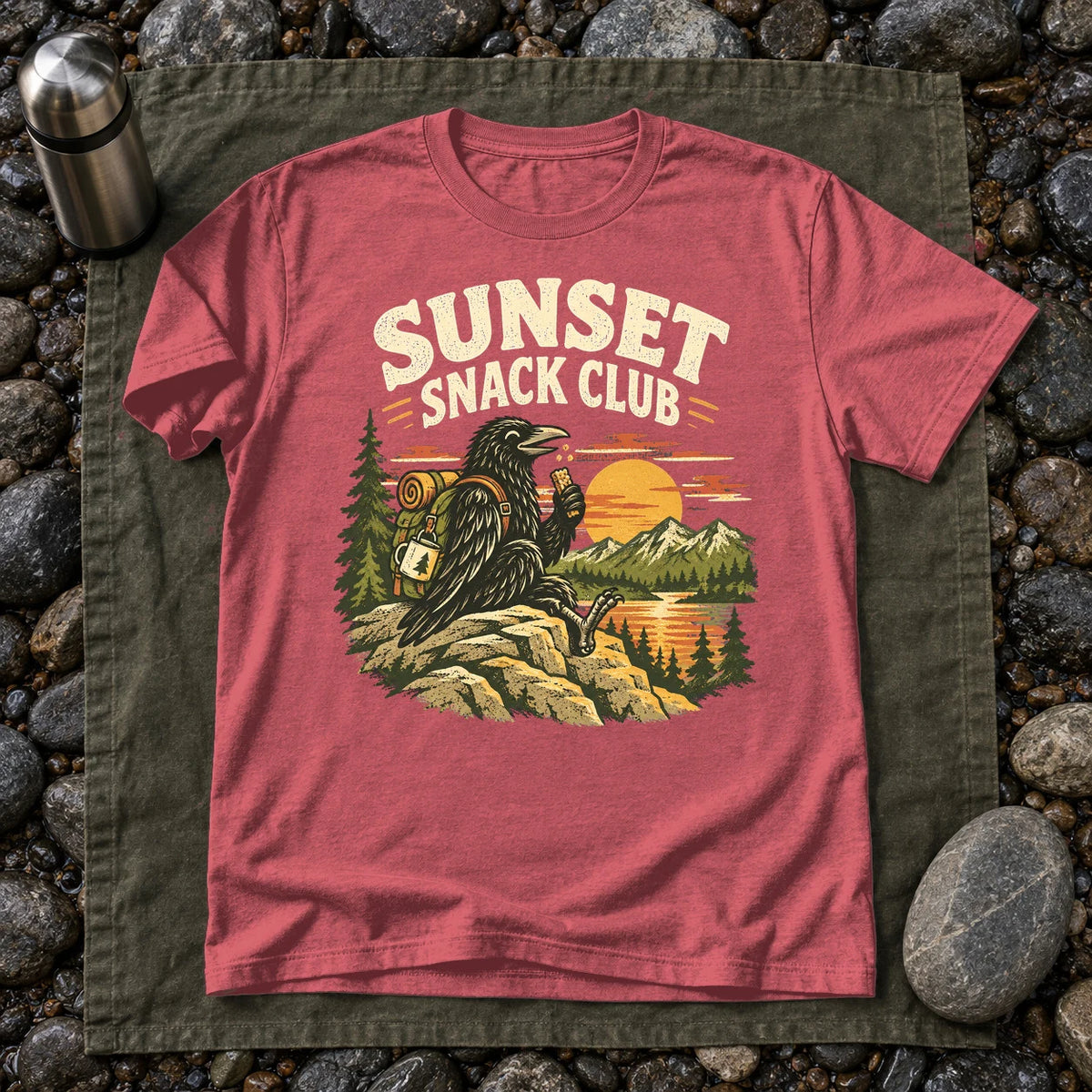 Sunset Snack Club Raven Graphic Tee on Heather Red Everyday Soft Tee