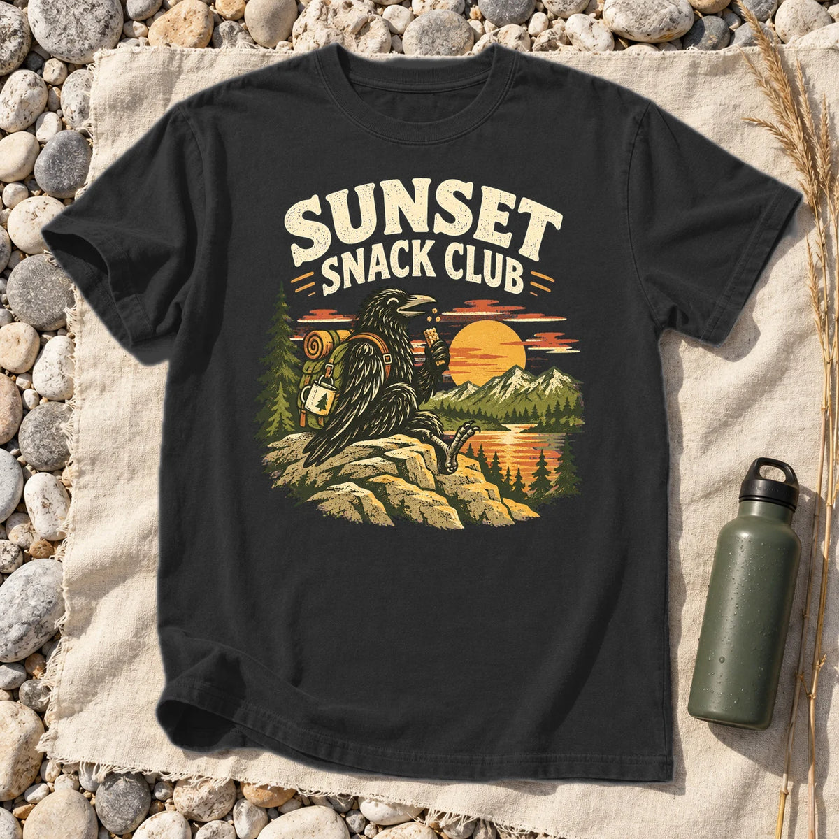 Sunset Snack Club Raven Graphic Tee on Black Premium Tee