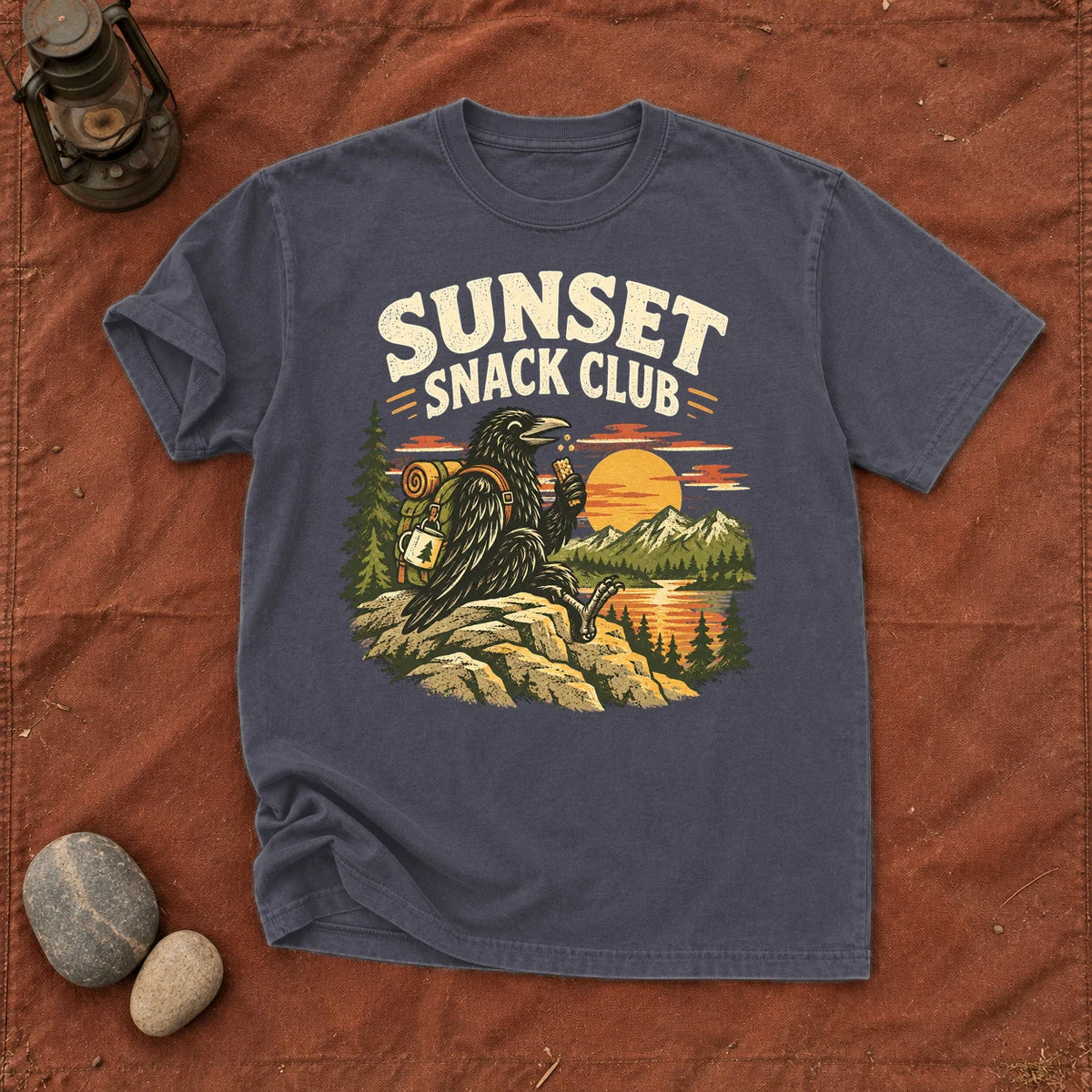 Sunset Snack Club Raven Graphic Tee on Navy Premium Tee