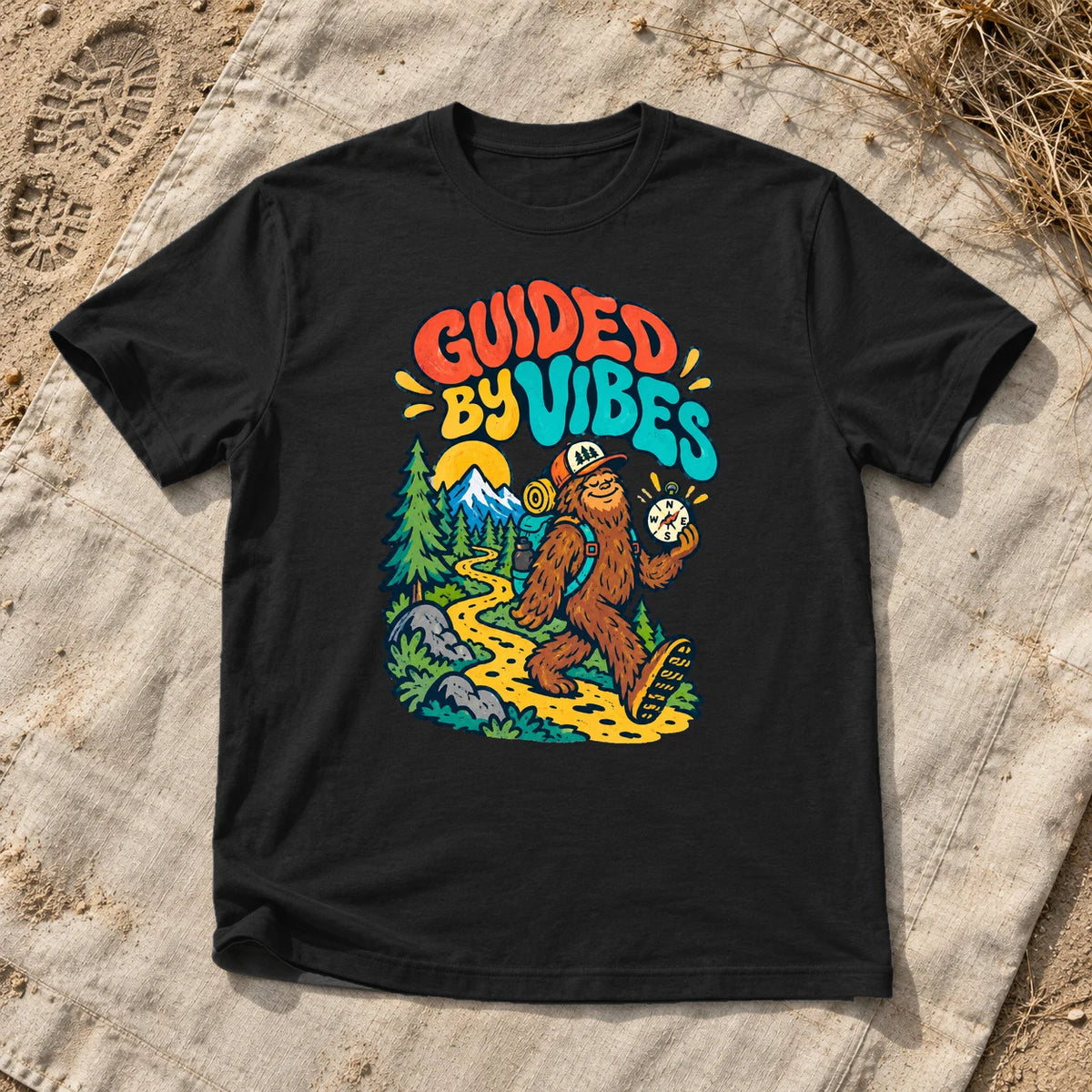 Guided By Vibes Bigfoot Graphic Tee on Black Everyday Soft Tee