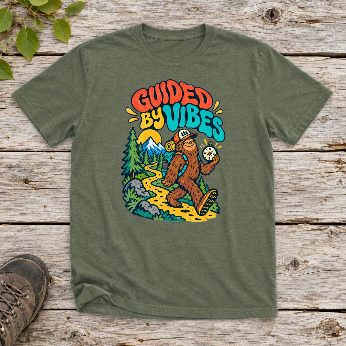 Guided By Vibes Bigfoot Graphic Tee on Military Green Everyday Soft Tee