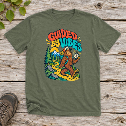 Guided By Vibes Bigfoot Graphic Tee on Military Green Everyday Soft Tee