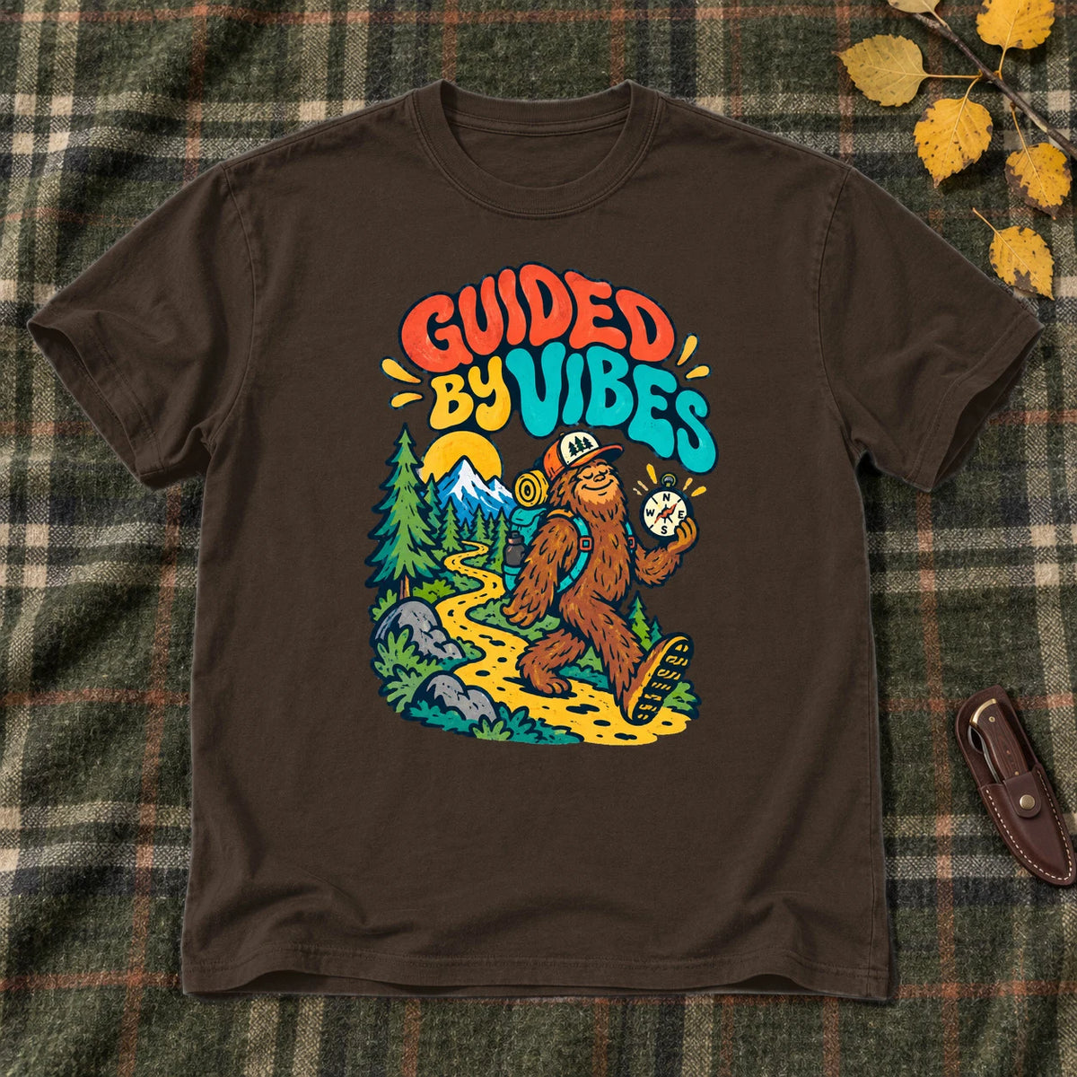 Guided By Vibes Bigfoot Graphic Tee on Dark Chocolate Everyday Soft Tee