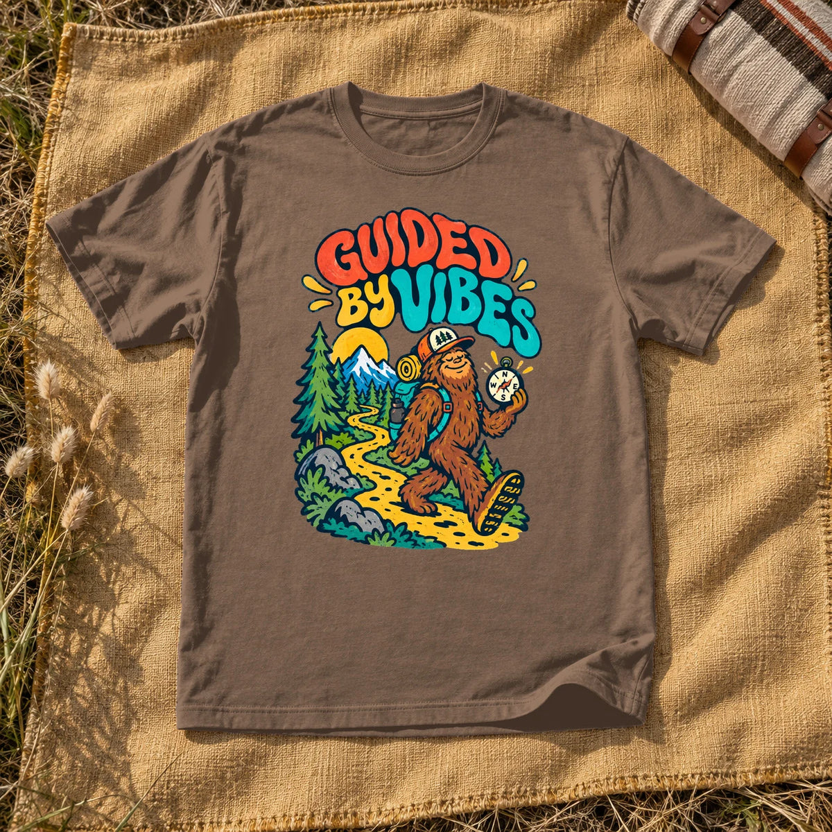 Guided By Vibes Bigfoot Graphic Tee on Espresso Premium Tee