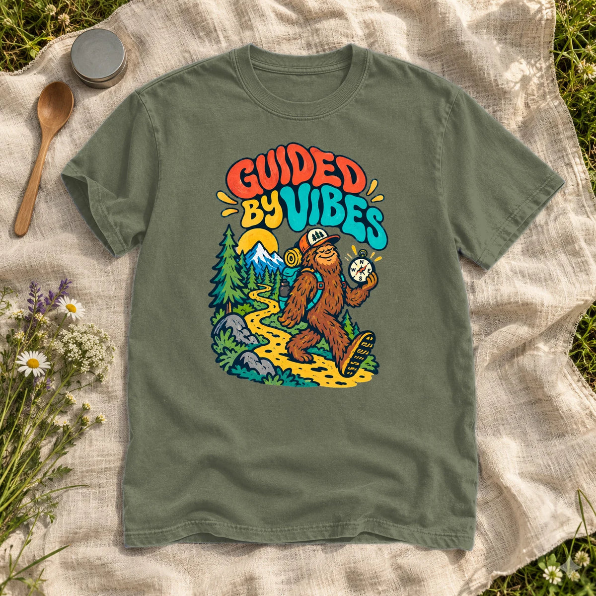 Guided By Vibes Bigfoot Graphic Tee on Moss Premium Tee