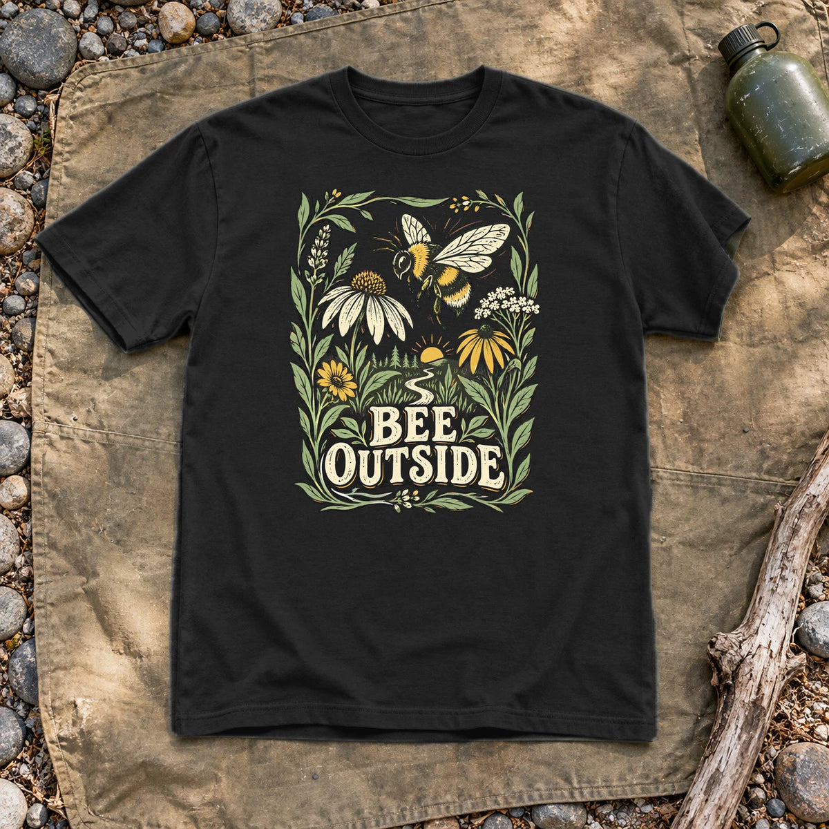 Bee Outside Vintage Botanical Graphic Tee on Black Everyday Soft Tee