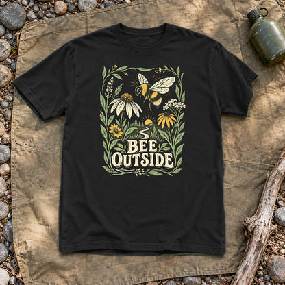 Bee Outside Vintage Botanical Graphic Tee on Black Everyday Soft Tee