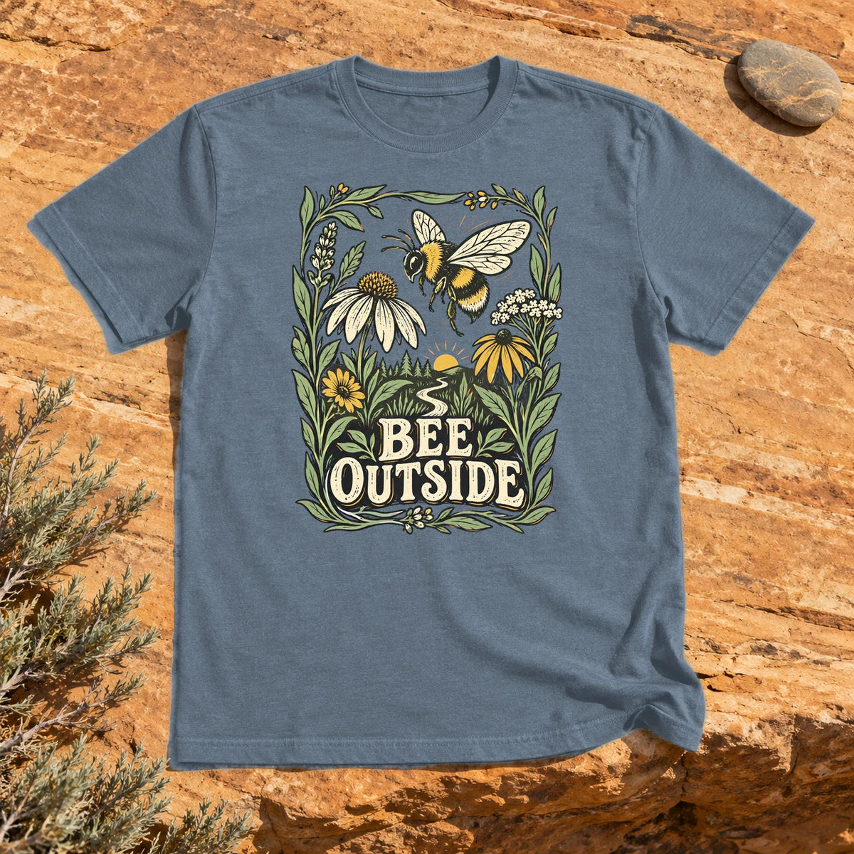 Bee Outside Vintage Botanical Graphic Tee on Heather Indigo Everyday Soft Tee