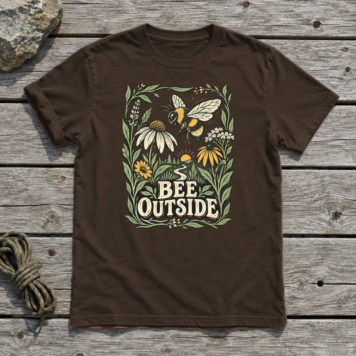 Bee Outside Vintage Botanical Graphic Tee on Dark Chocolate Everyday Soft Tee