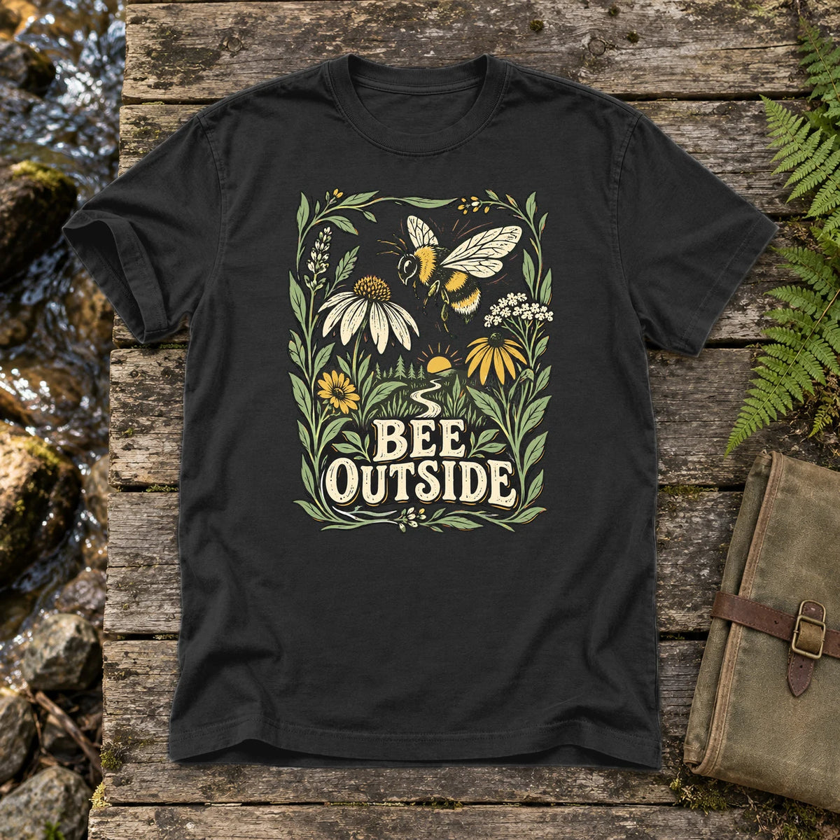 Bee Outside Vintage Botanical Graphic Tee on Black Premium Tee