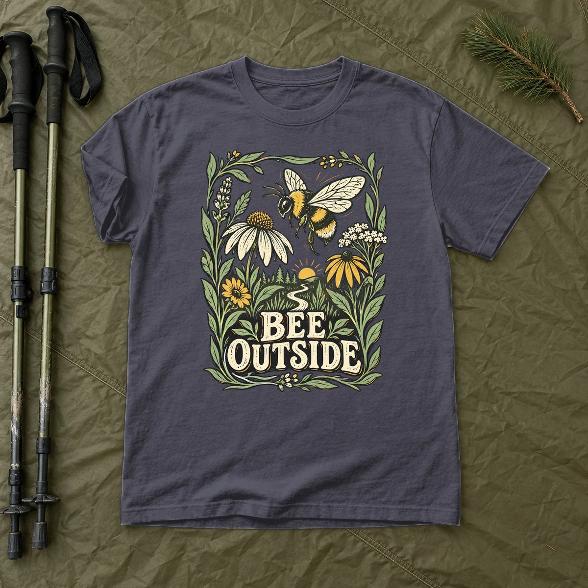 Bee Outside Vintage Botanical Graphic Tee on Navy Premium Tee