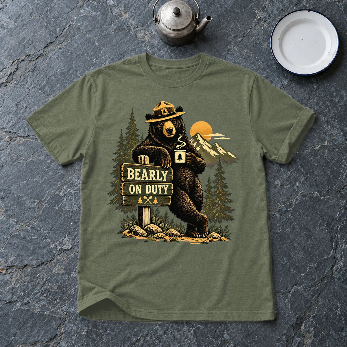 Bearly On Duty Graphic Tee on Military Green Everyday Soft Tee
