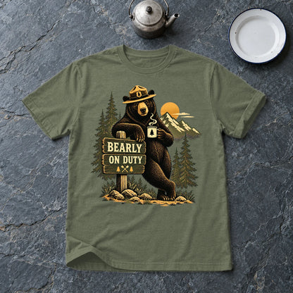 Bearly On Duty Graphic Tee on Military Green Everyday Soft Tee