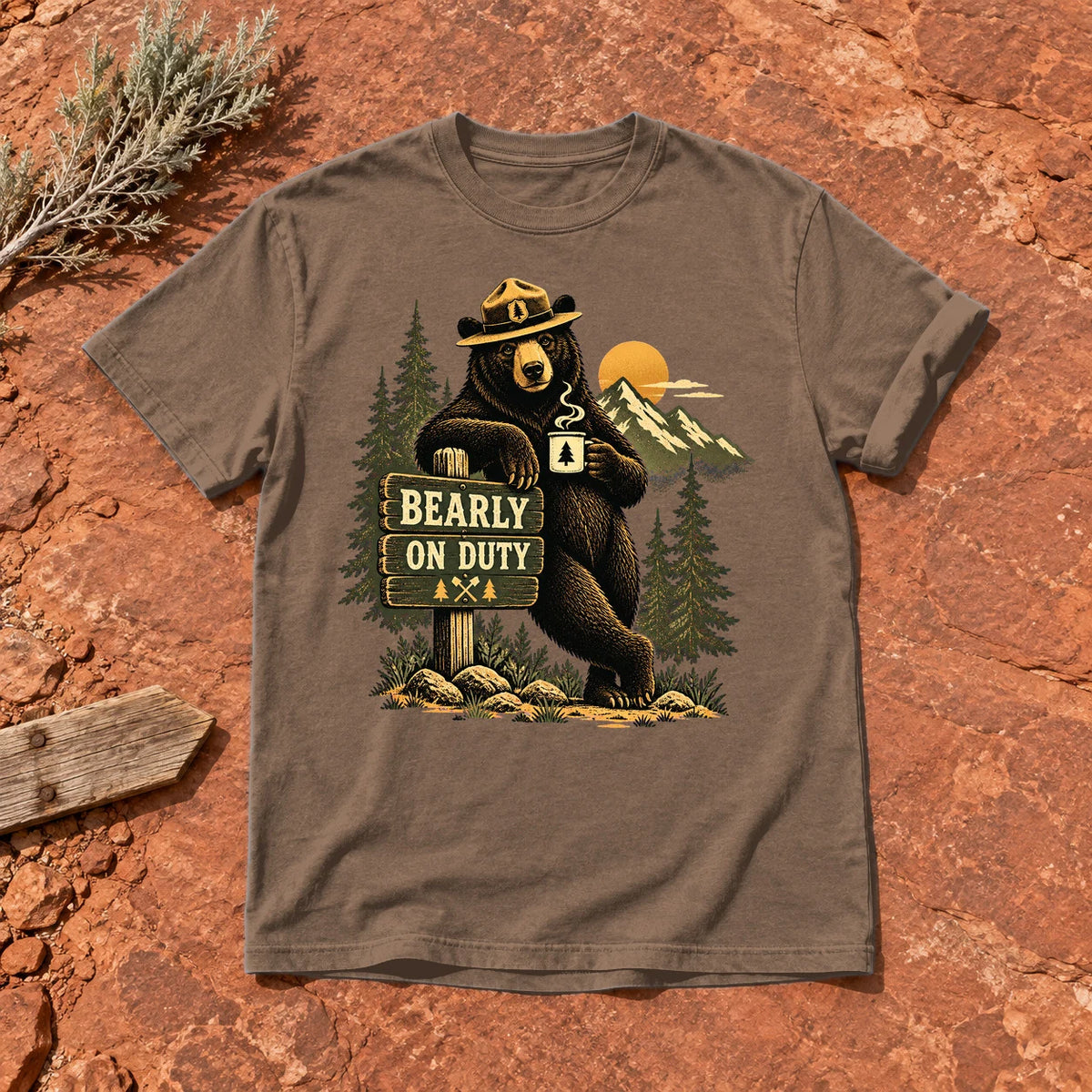 Bearly On Duty Graphic Tee on Espresso Premium Tee