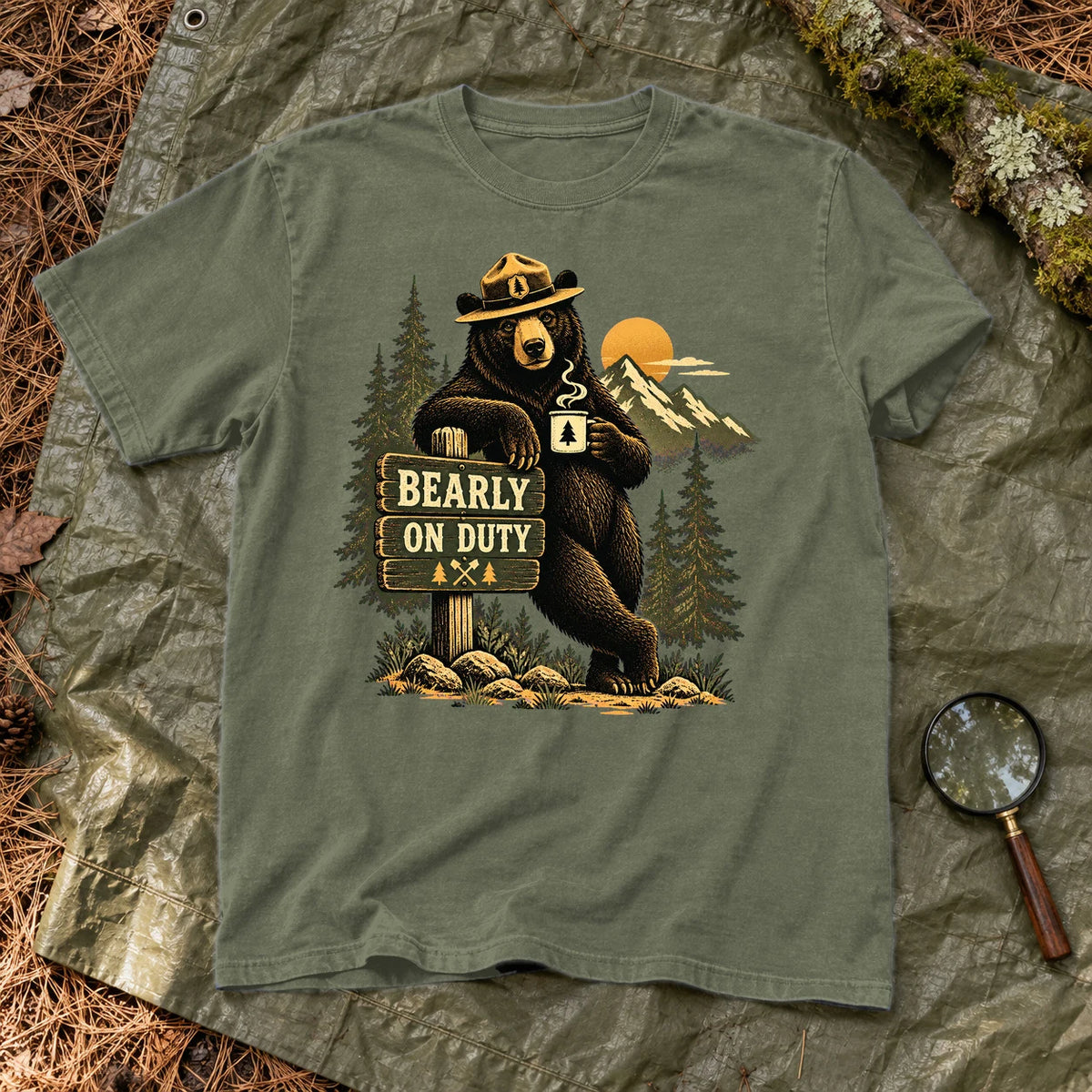 Bearly On Duty Graphic Tee on Moss Premium Tee