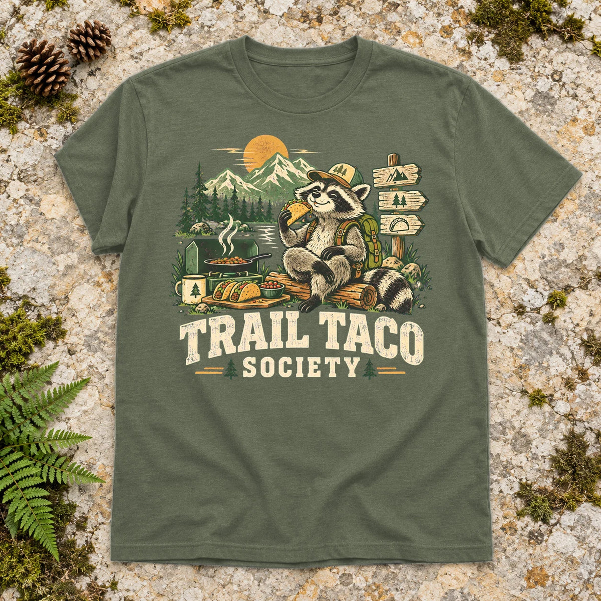 Trail Taco Society Graphic Tee on Military Green Everyday Soft Tee