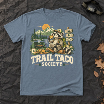 Trail Taco Society Graphic Tee on Heather Indigo Everyday Soft Tee