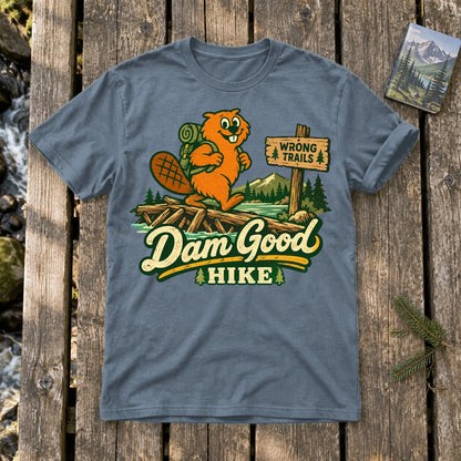 Dam Good Hike Beaver Graphic Tee on Heather Indigo Everyday Soft Tee