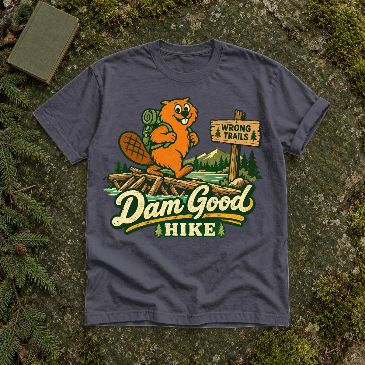 Dam Good Hike Beaver Graphic Tee on Navy Premium Tee