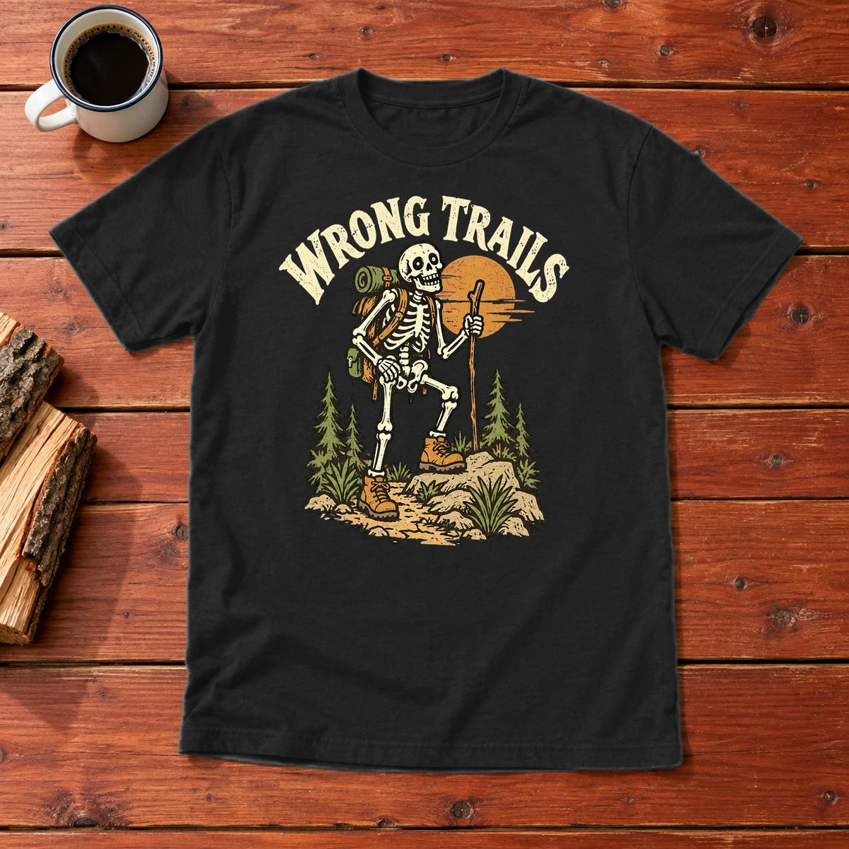Wrong Trails Skeleton Hiker Graphic Tee on Black Everyday Soft Tee
