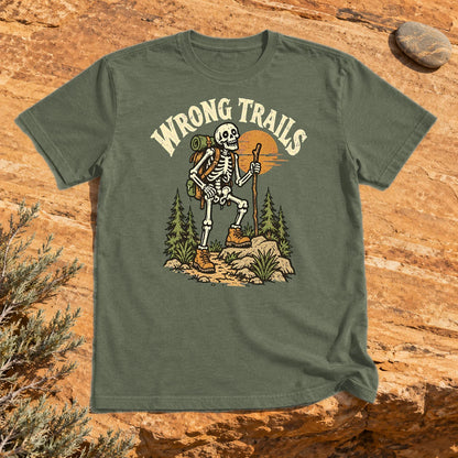 Wrong Trails Skeleton Hiker Graphic Tee on Military Green Everyday Soft Tee