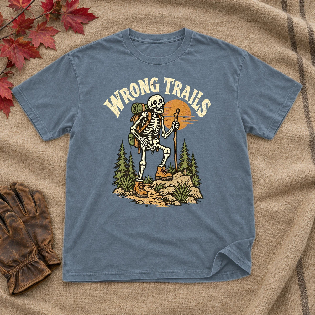 Wrong Trails Skeleton Hiker Graphic Tee on Heather Indigo Everyday Soft Tee