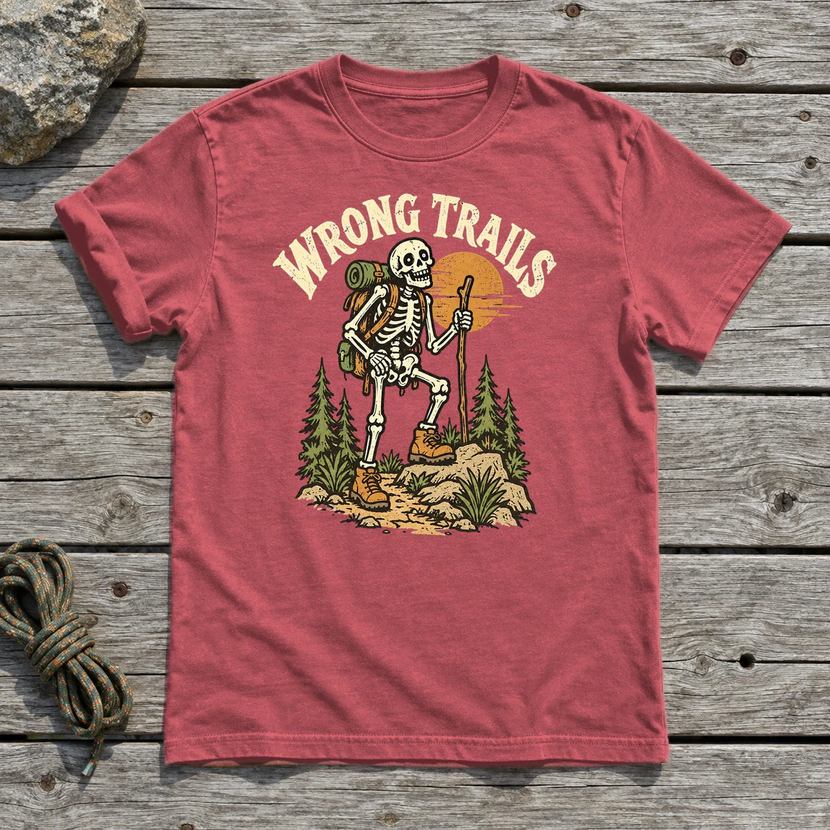 Wrong Trails Skeleton Hiker Graphic Tee on Heather Red Everyday Soft Tee